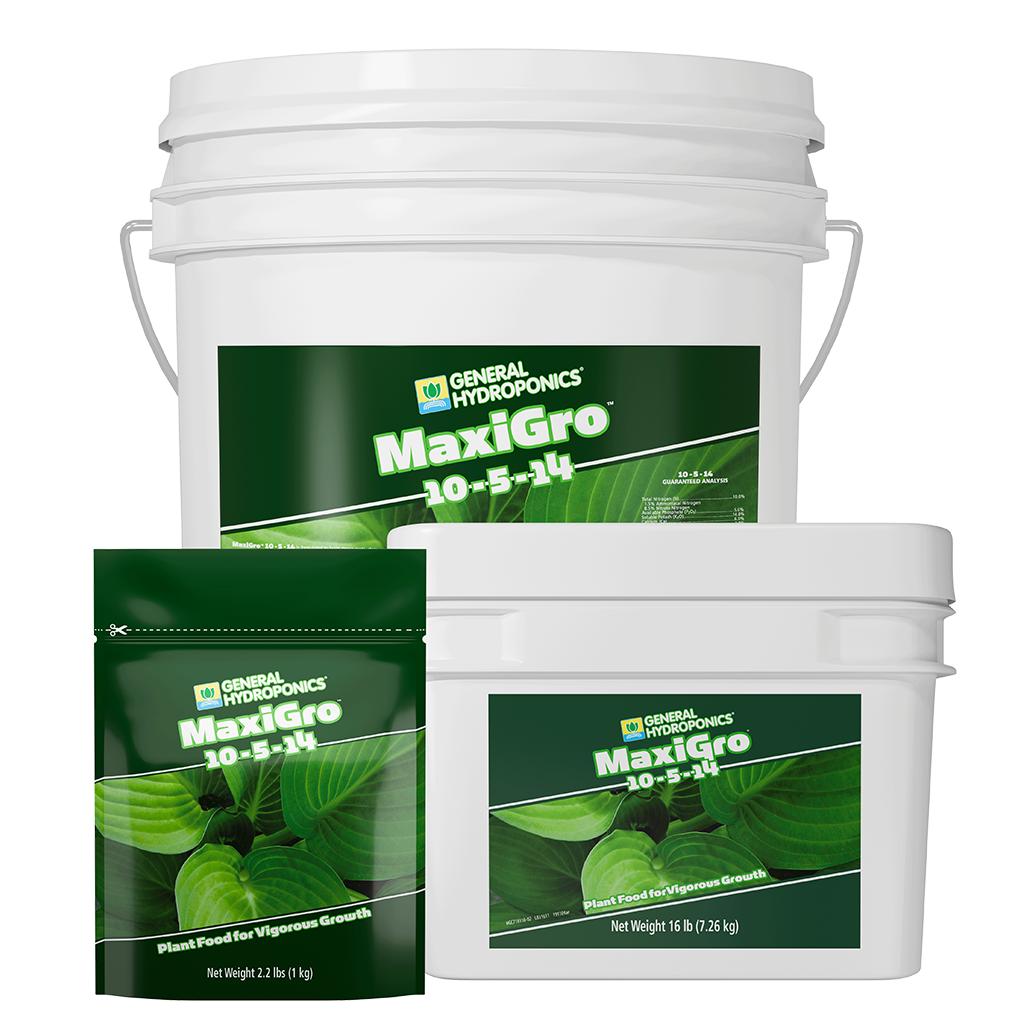 General Hydroponics MaxiGro plant food packaging on a white background