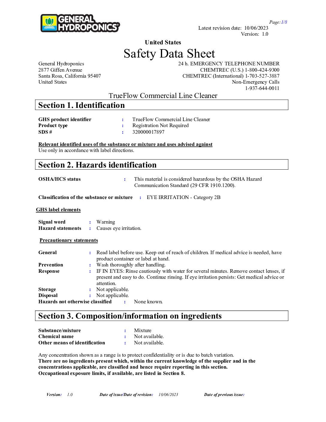 TrueFlo Safety Data Sheet