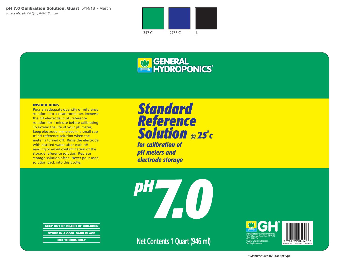 pH 7.0 Calibration Solution Product Label
