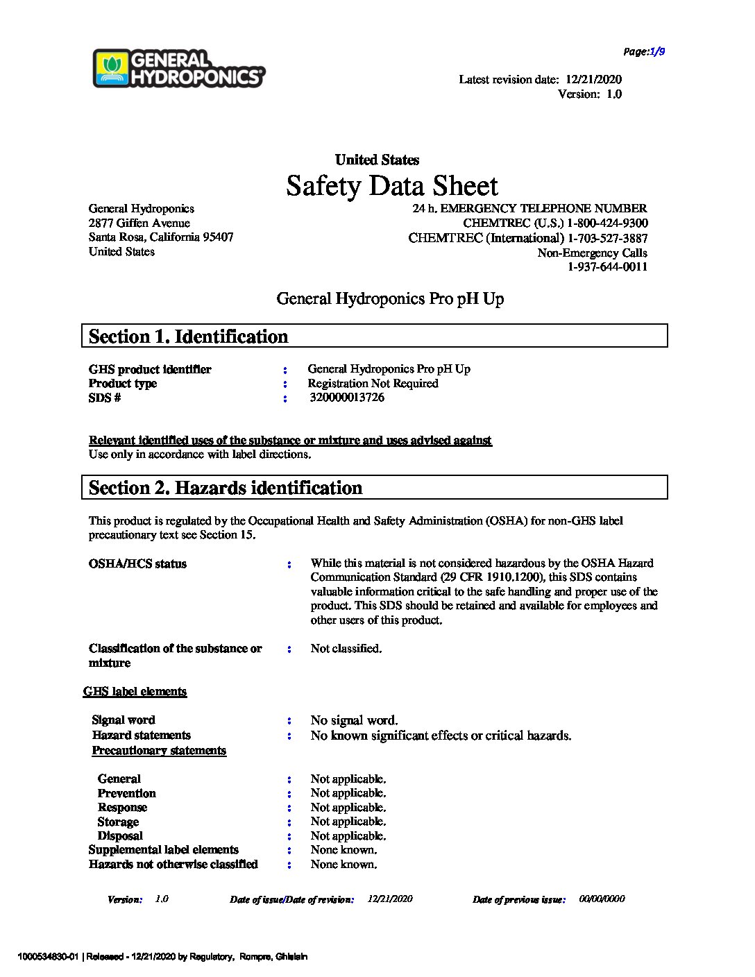 Pro pH Up Safety Data Sheet