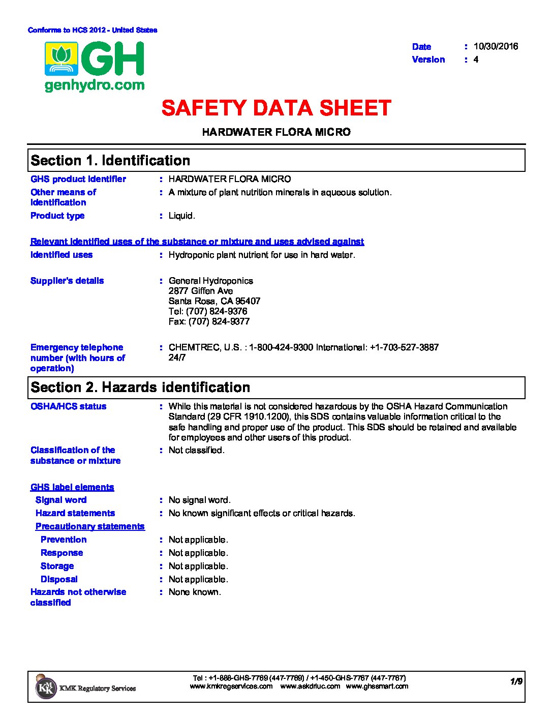 FloraMicro® (Hardwater) Safety Data Sheet