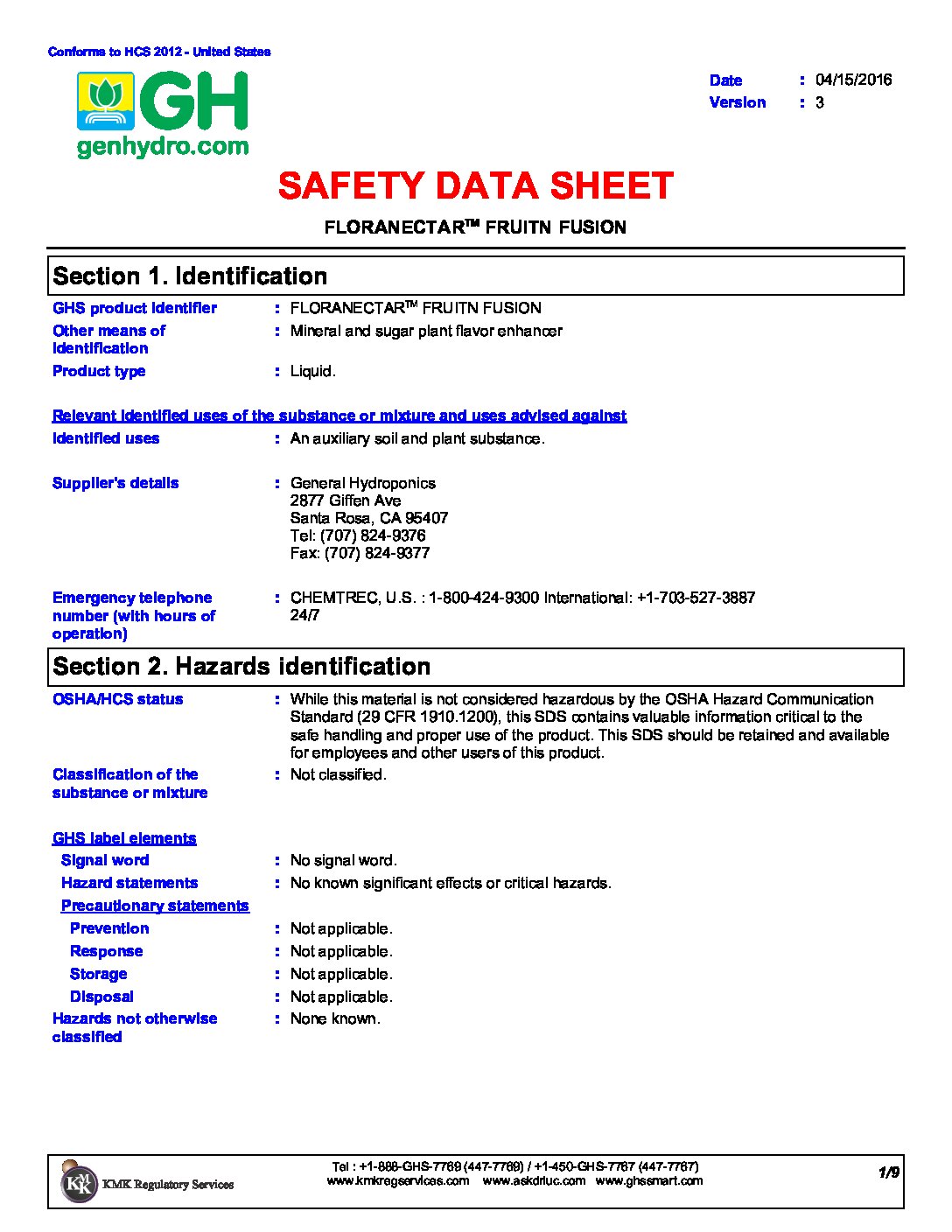 FloraNectar® FruitnFusion® Safety Data Sheet