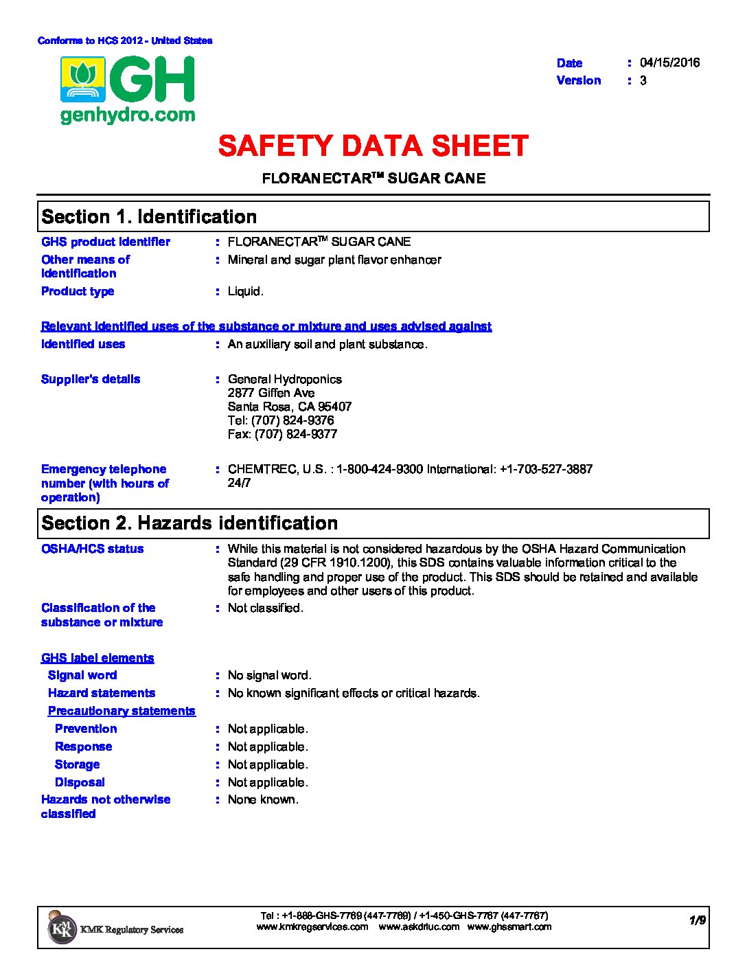 FloraNectar® Sugar Cane® Safety Data Sheet