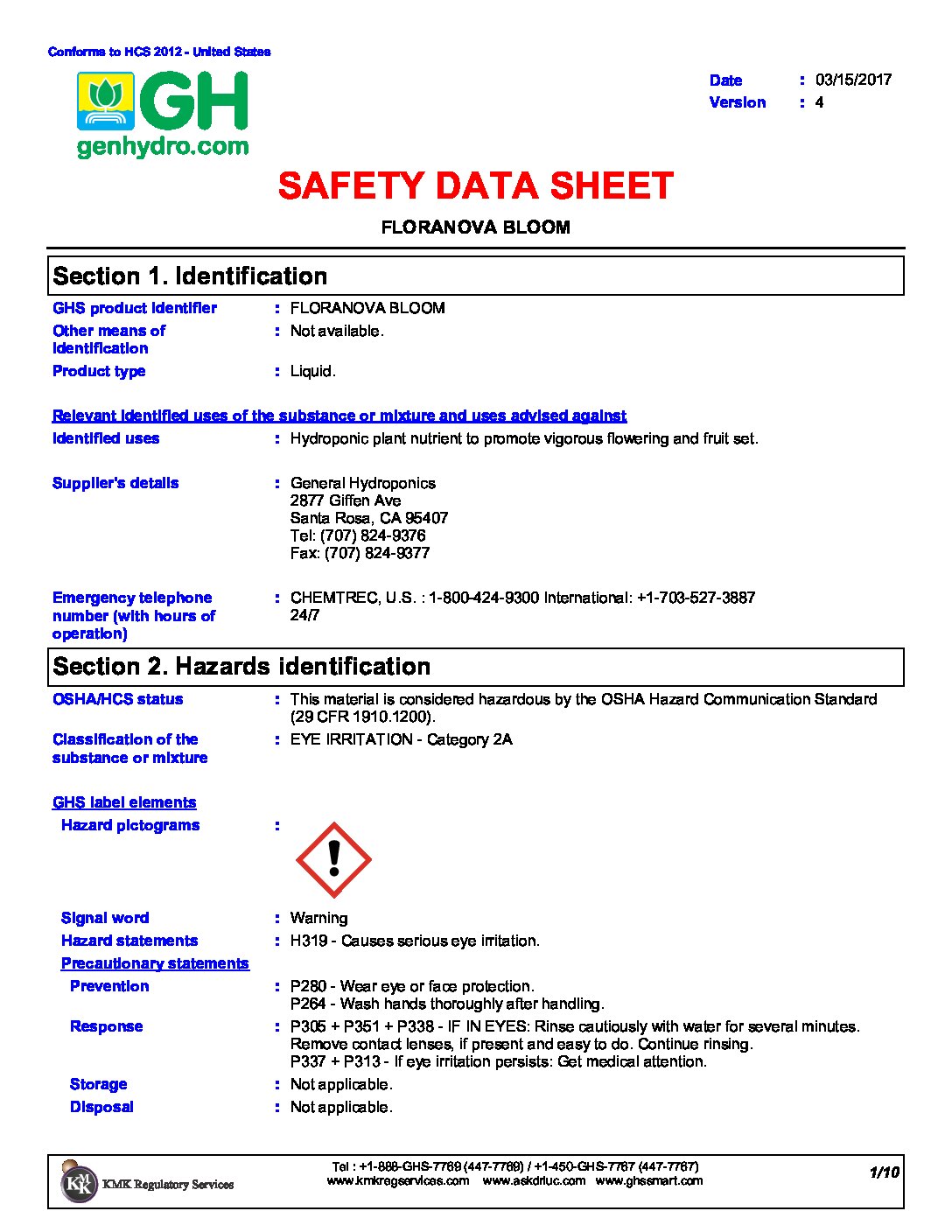 FloraNova Bloom® Safety Data Sheet