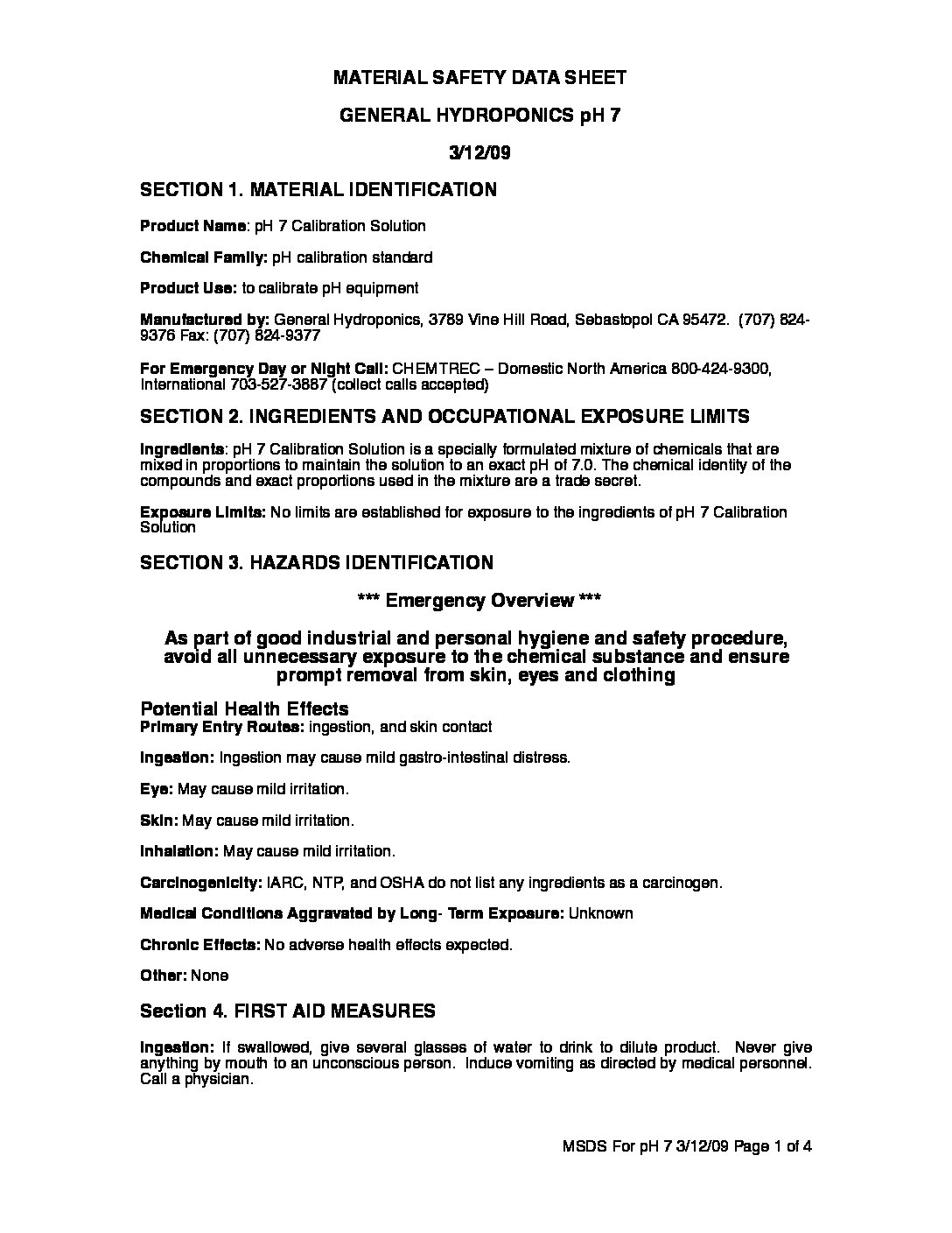pH 7.01 Calibration Solution Safety Data Sheet